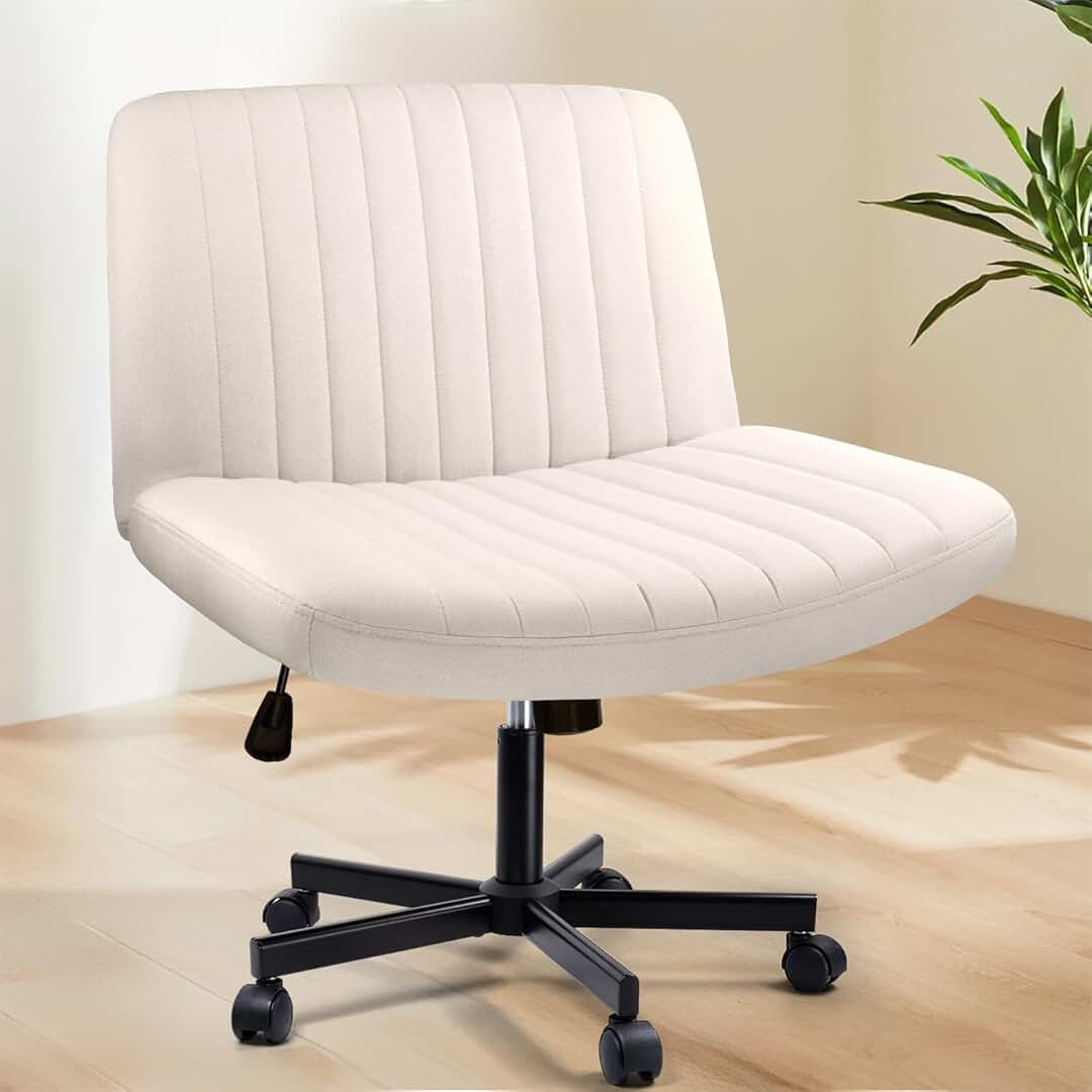 Criss Cross Chair with Wheels, Cross Legged Office Vanity Chair with Wheels, Comfortable Beige Vanity Chair with Back, Armless Fabric Adjustable Wide Swivel Criss Cross Desk Chair for Home Office | Amazon (US)