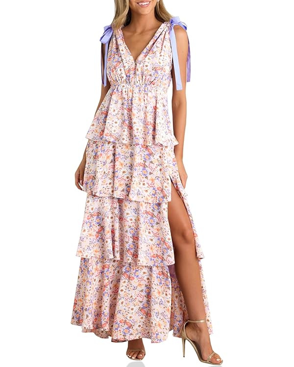 Wenrine Womens Summer Floral Maxi Dress Tie Strap Sleeveless V Neck High Slit Boho Ruffle Tiered ... | Amazon (US)