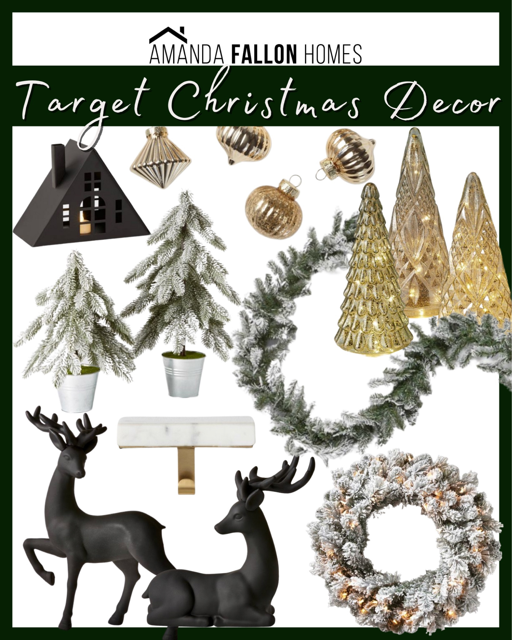 Neutral Holiday decor from Target Wondershop!

Neutral Christmas decorations.black holiday decor. Deer statues. Flocked garland. Flocked wreath. Flocked mini trees. Black houses. Glass trees. Gold ornaments. Marble stocking holder. 

#LTKHoliday #LTKunder50 #LTKhome