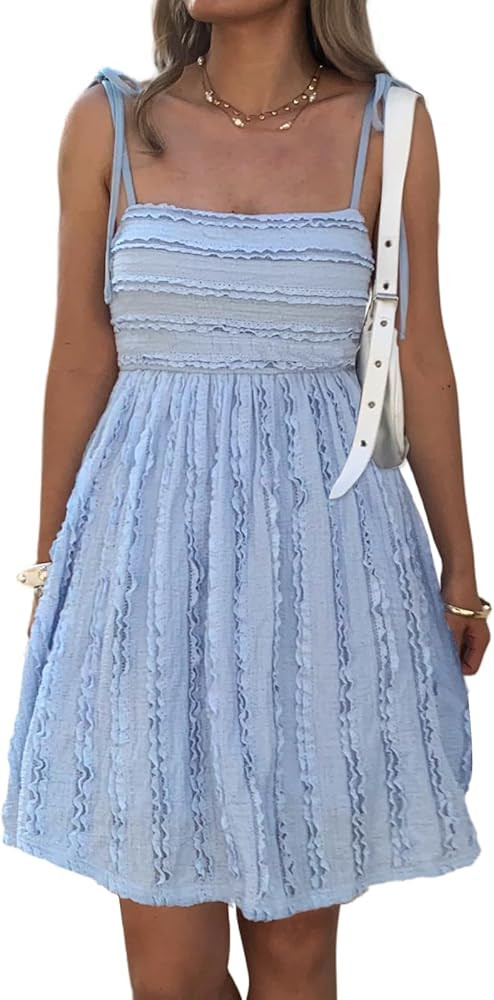 Summer Mini Dress Square Neck Sleeveless Sundress with Spaghetti Strap Flowy A Line Casual Cute V... | Amazon (US)