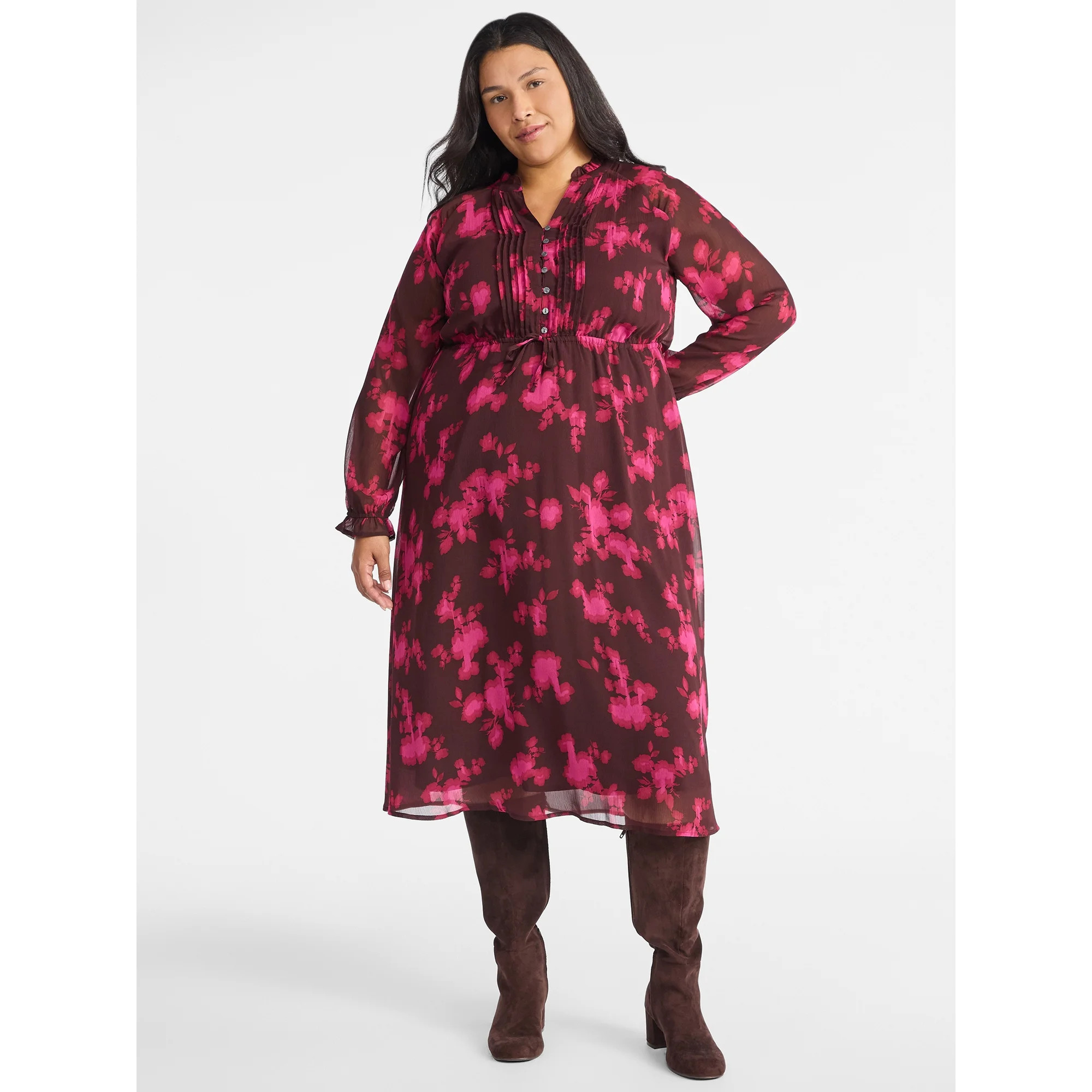 Time and Tru Women's Pintuck Midi Dress with Long Sleeves, Sizes XS-XXXL | Walmart (US)