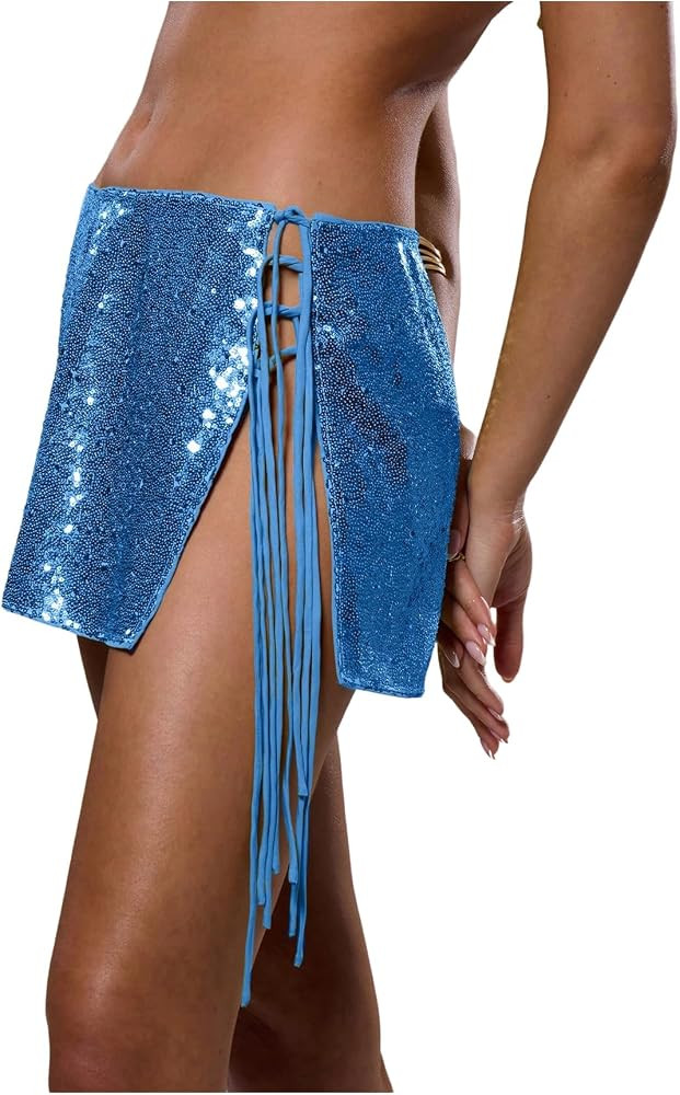 Floerns Women's Shiny Sequin Mini Skirt Low Waist Tie Side Disco Party Skirts | Amazon (US)