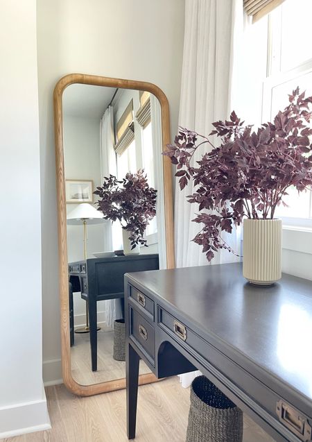 LOVE the wooden floor mirror in our guestroom!!!  Compliments the black desk and brass floor mirror beautifully!  Office space, office decor, fall stems, burgundy fall branches, black wooden desk, white linens curtains. Two pages.  Home decor 

#LTKSeasonal #LTKhome #LTKFind