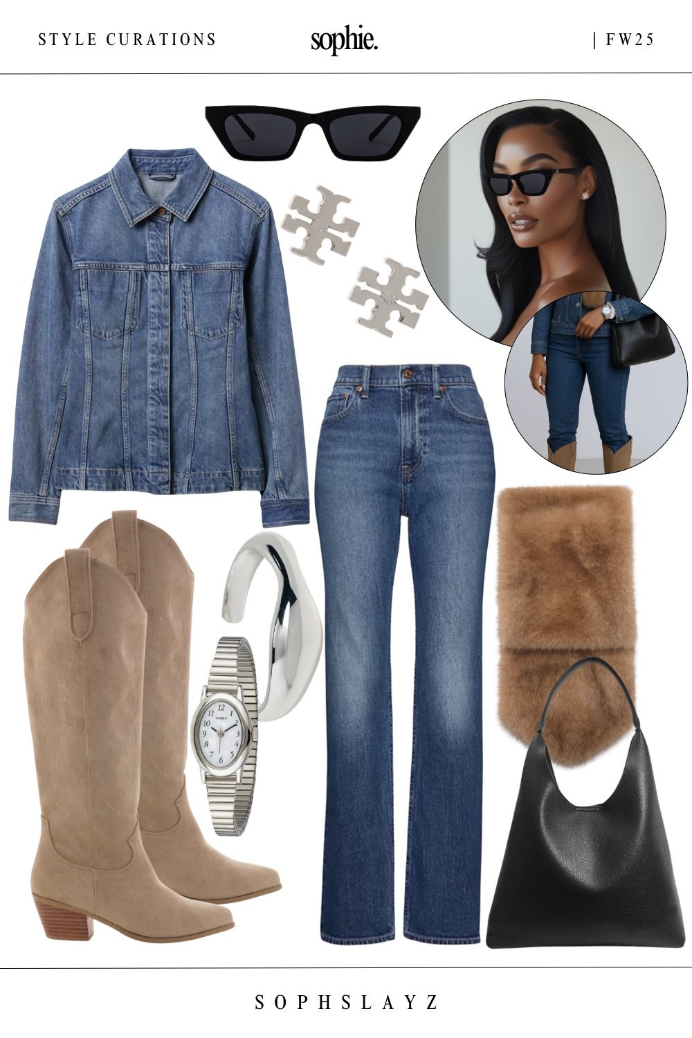 This look: denim on denim outfit, 90s style jeans, matching denim jacket, tan western boots, black shoulder bag, and a rich brown faux fur scarf. Denim gets elevated with texture and western style staples. Also available in tall!
🔎: jean jacket outfit, cowboy boots outfit, fur scarf for fall, western chic outfit, FW25 fall denim layers, fall outfits, fall casual outfits. 

#LTKStyleTip