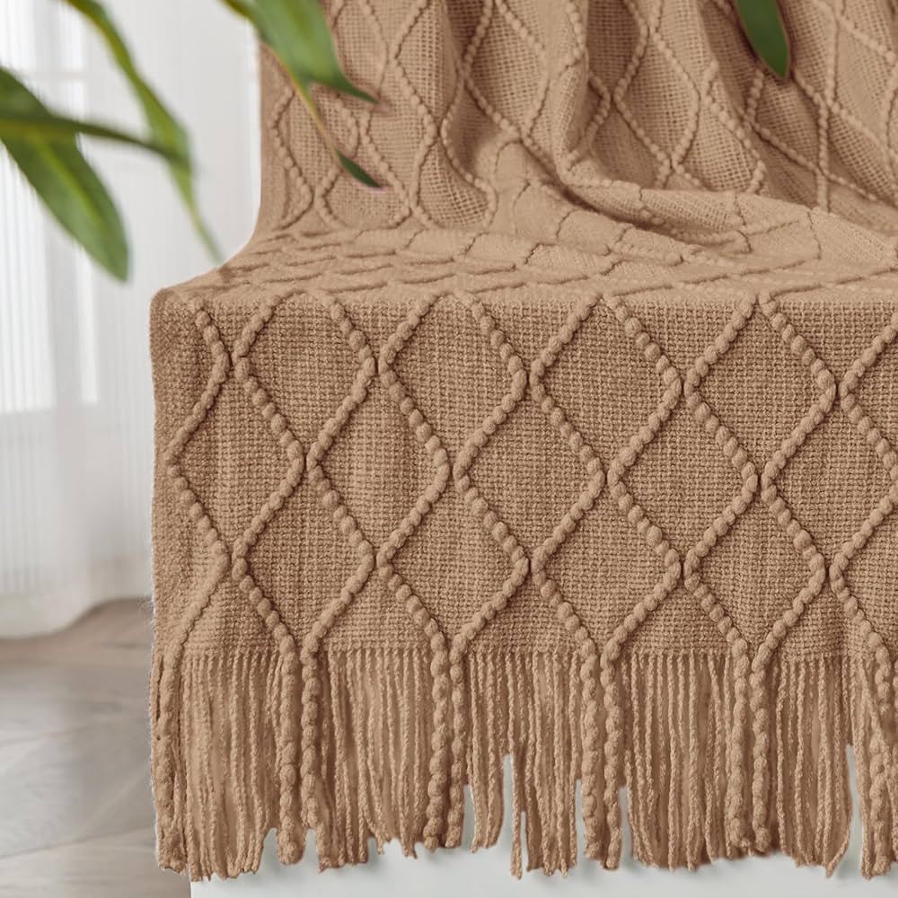 inhand Knitted Throw Blankets for Couch and Bed, Soft Cozy Knit Blanket with Tassel, Khaki Lightw... | Amazon (US)