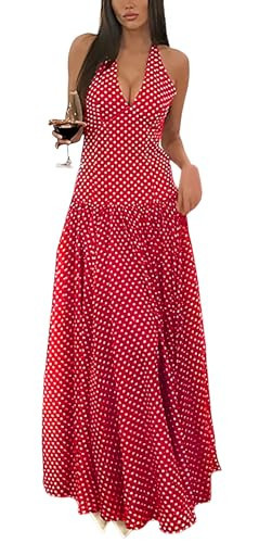 Lingt Chic Women's Polka Dot Maxi Dress Halter Neck Sleeveless Drop Waist Flowy Summer Wedding Beach Sundress | Amazon (US)