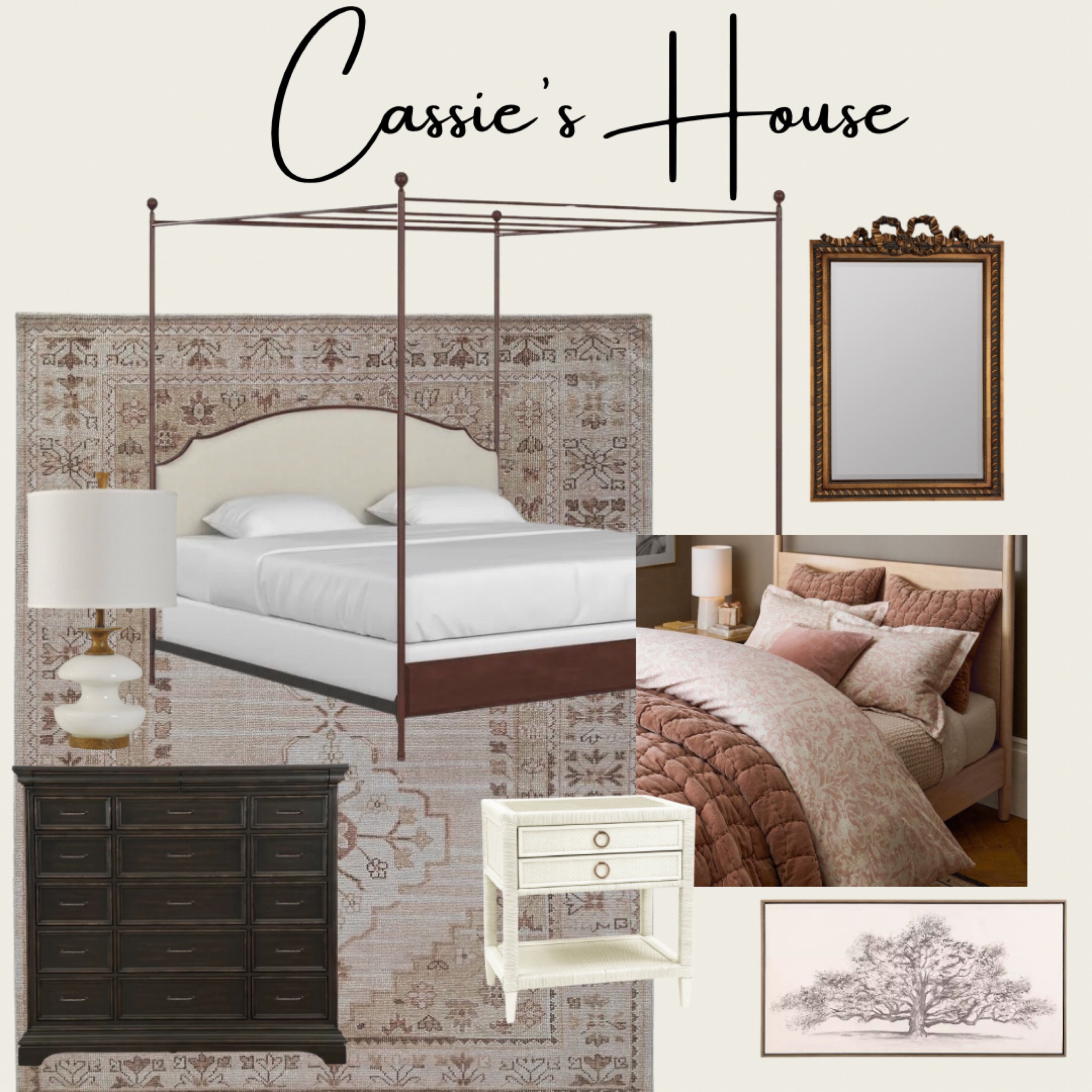 Neutral blush pink tones bedroom. Canopy bed, dark wood dresser with cream night stand. Ornate antique gold mirror, tree planting. Rich velvet bedding and blush floral sheets. 

#LTKhome