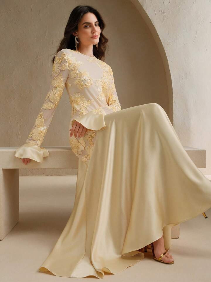 Anewsta Textured Patchwork Embroidery Round Neck Elegant Long Sleeve Dress | SHEIN