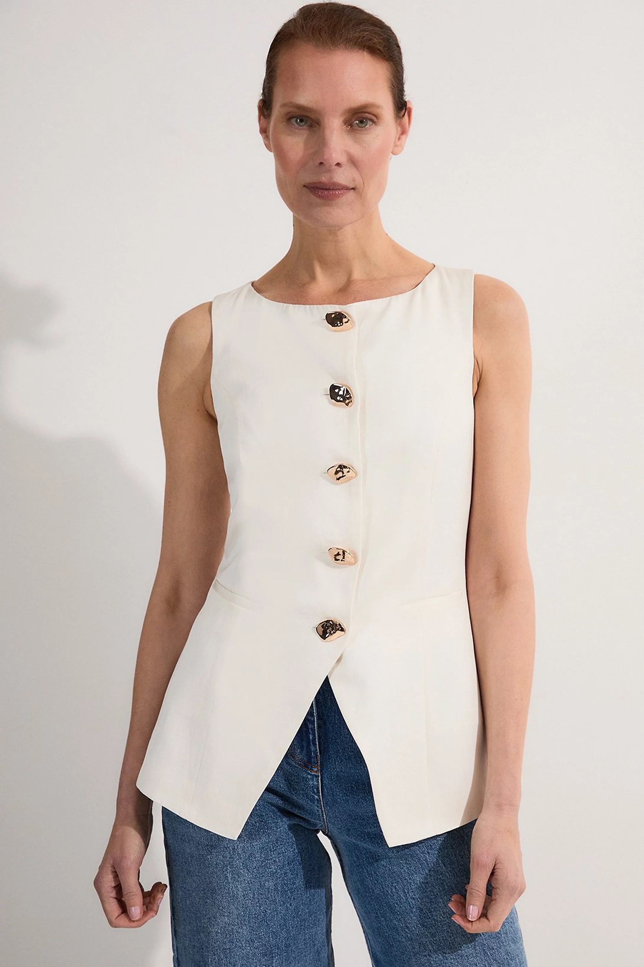 Linen Viscose Tailored Statement Button Front Waistcoat | Karen Millen | Karen Millen UK + IE + DE + NL