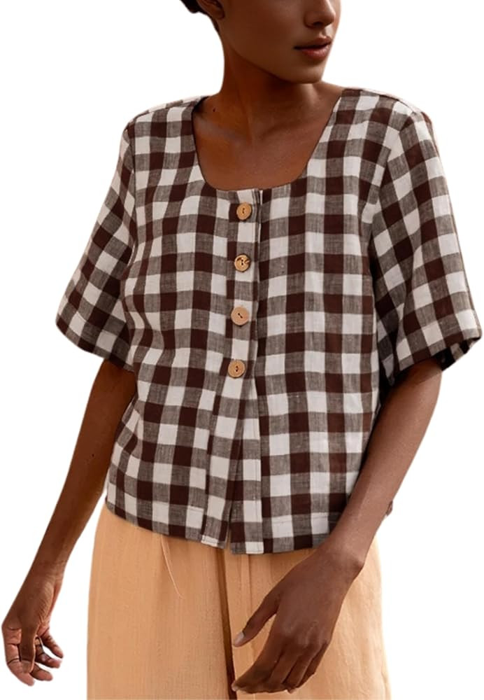 PUWEI Women's Plaid Button Down Shirts Cotton Short Sleeve Square Neck Gingham Tops Blouses | Amazon (US)