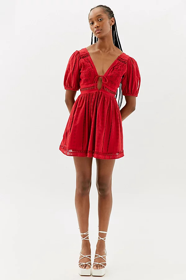 UO Marlee Eyelet Puff Sleeve Mini Dress | Urban Outfitters (US and RoW)
