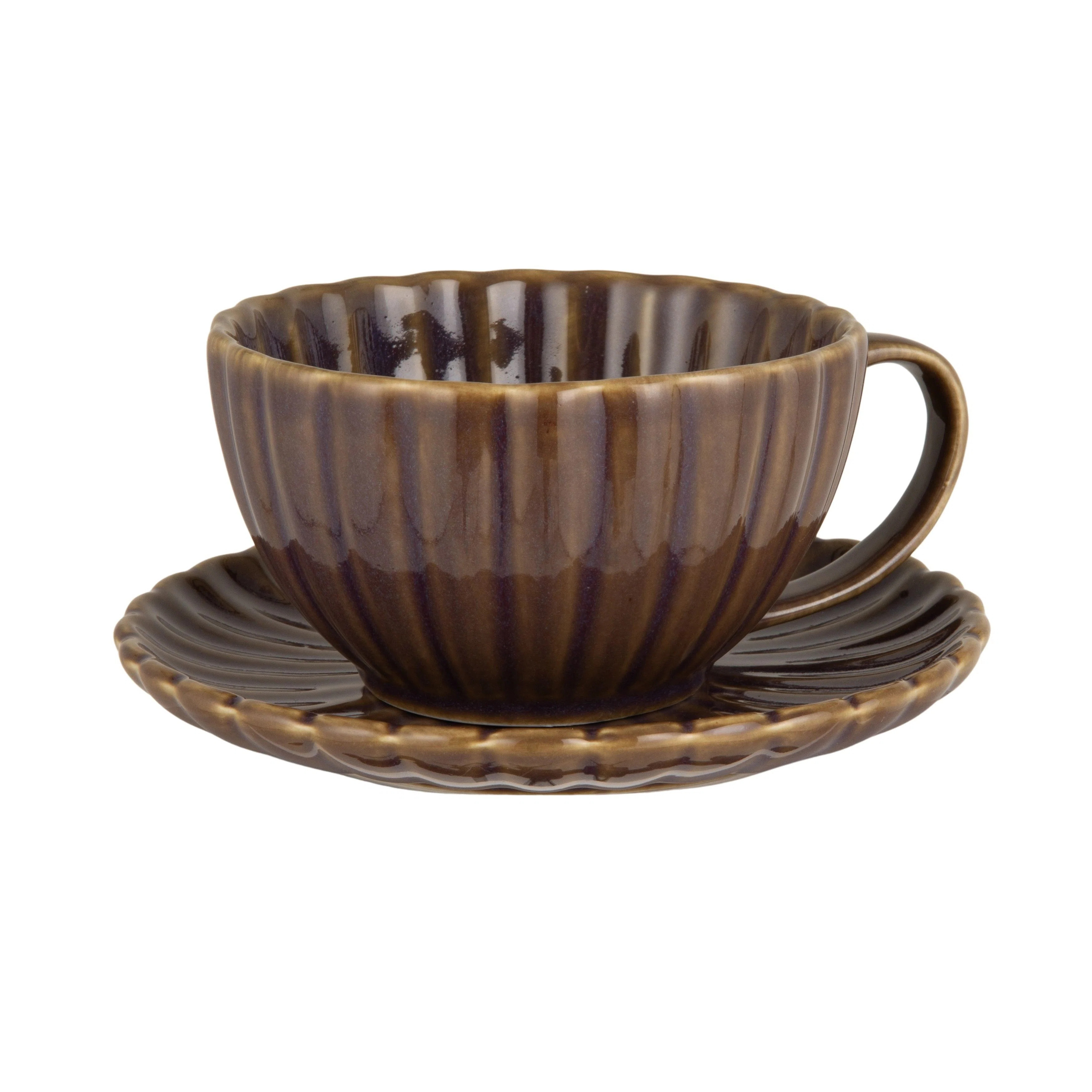 Stoneware Ribbed Mug With Saucer In Reactive Glaze | Wayfair North America