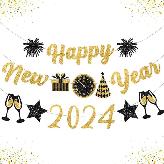 Gold Black New Years Decorations 2024 Glitter Happy New Year Banner New Years Eve Party Supplies ... | Amazon (US)