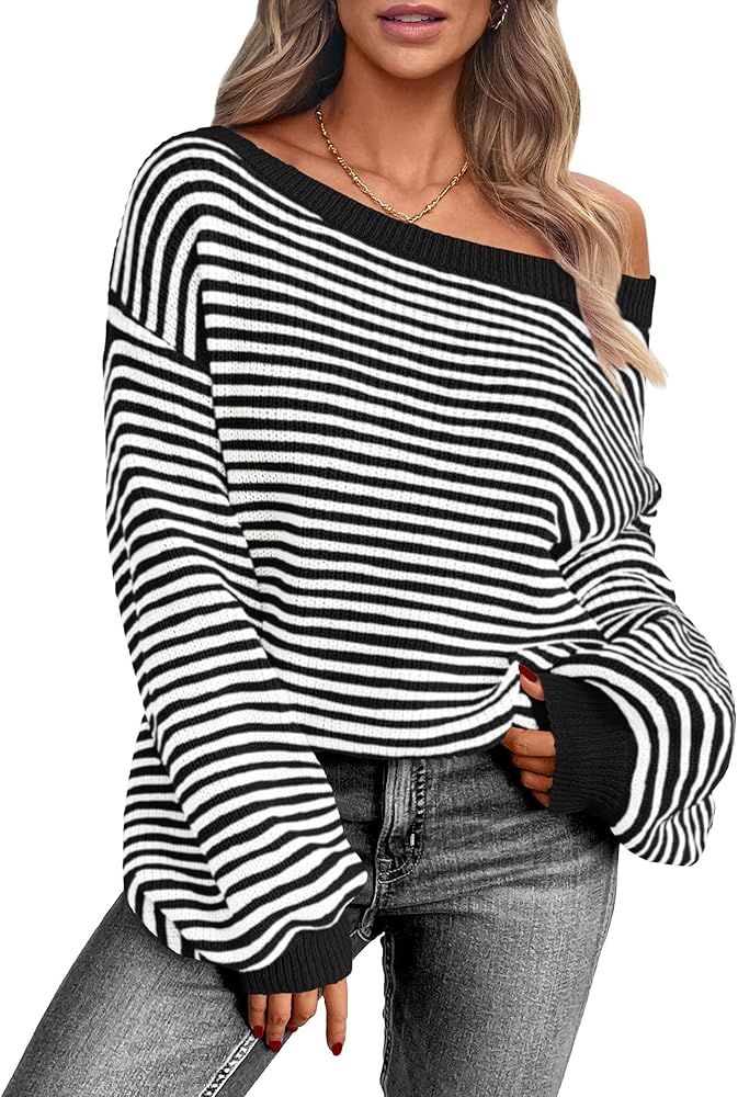 Zenlonr Women's 2024 Fall Winter Striped Sweater Long Sleeve Off Shoulder Loose Knit Pullover Top... | Amazon (US)