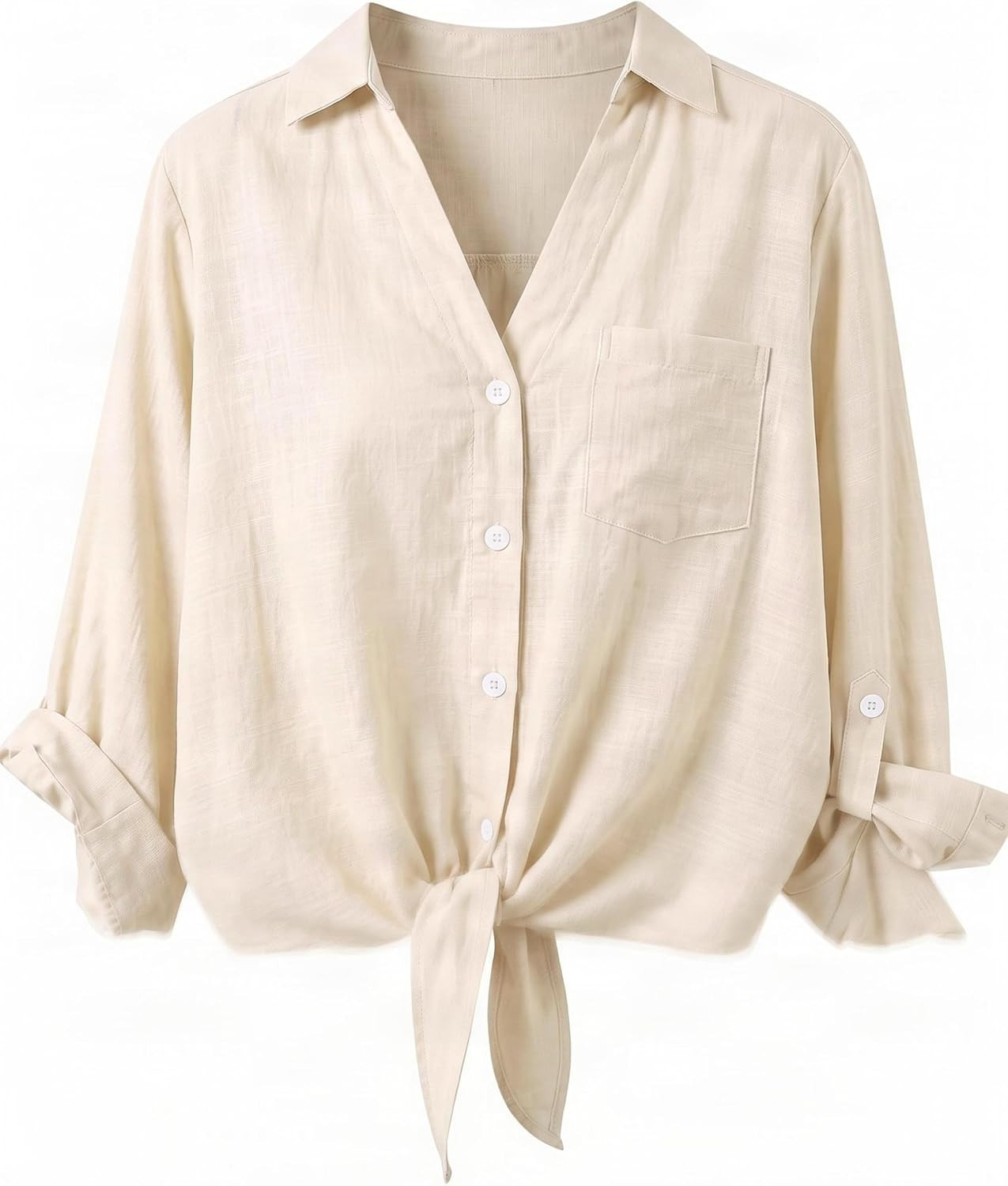 Omoone Tie Front Tops for Women 3/4 Sleeve Loose Cotton Linen Shirt | Amazon (US)