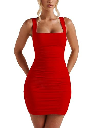 BORIFLORS Women's Sexy Bodycon Corset Mini Dresses Square Neck Ruched Sleeveless Club Party Short Dress, Small, Red | Amazon (US)