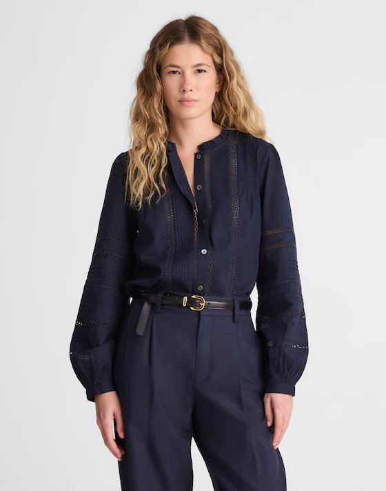 Lace-Insert High-Neck Pintuck Top | Madewell