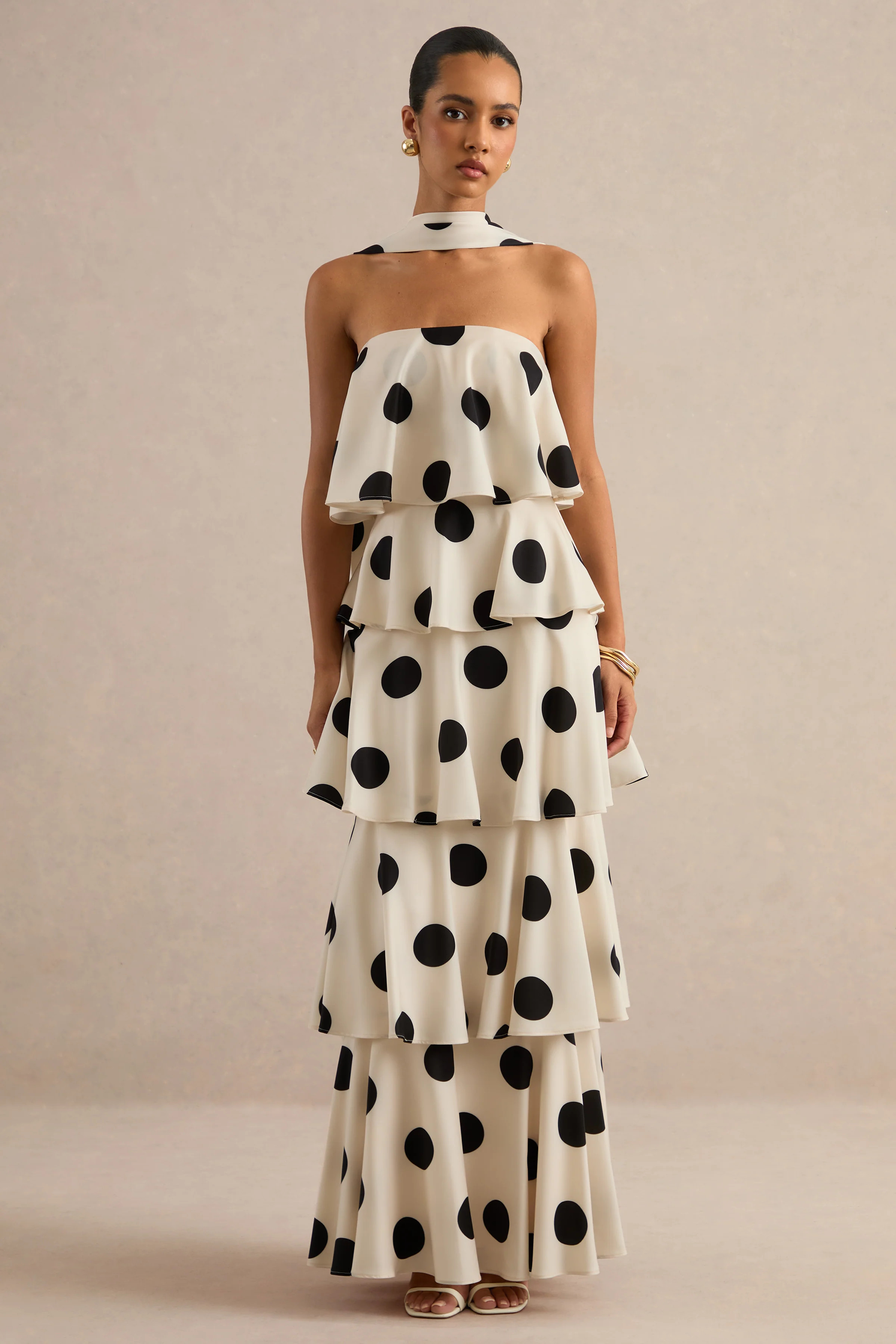 Talise | Cream Polka-Dot Satin Bandeau-Neck Tiered Maxi Dress With Scarf Detail | Club L London