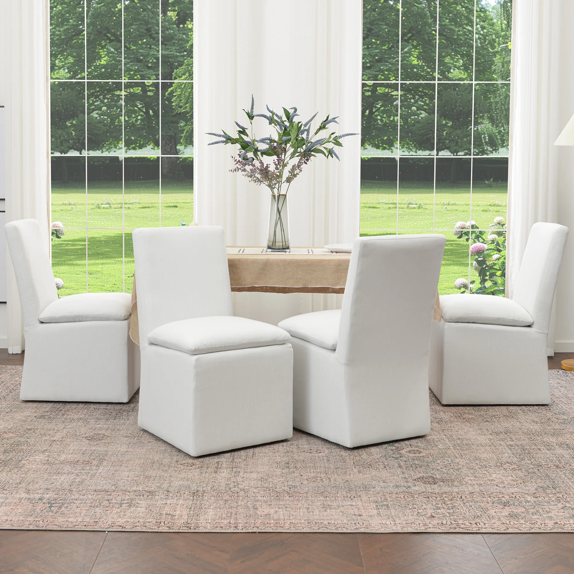21" Wide Modern No Assembly Upholstered Linen Side Dining Chair with Casters (Set of 4) | Wayfair North America