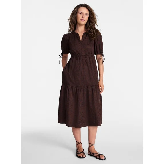 Time and Tru Women's Tiered Midi Dress with Tie Puff Sleeves, Sizes XS-XXXL | Walmart (US)