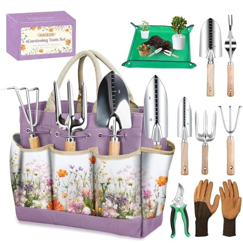 Gardening Tools 9-Piece Heavy-Duty Garden Tools Set, Stainless Steel Garden Hand Tools with Purple Floral Tote Bag and Repotting Mat Garden Supplies Kit Gifts for Women | Amazon (US)