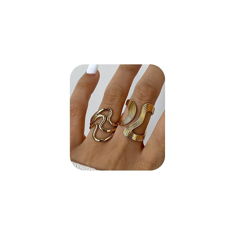 2Pcs Chunky Gold Wave Ring Open Adjustable Finger Rings for Women Non Tarnish Jewelry Stainless S... | Amazon (US)