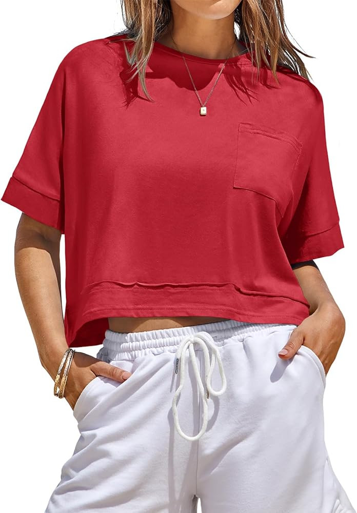 Fisoew Womens Oversized Crop Tops Workout Short Sleeve T Shirts Summer Casual Loose Fit Basic Tee... | Amazon (US)