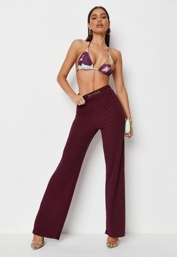 Missguided - Wine Rib Chain Detail Wide Leg Trousers | Missguided (UK & IE)