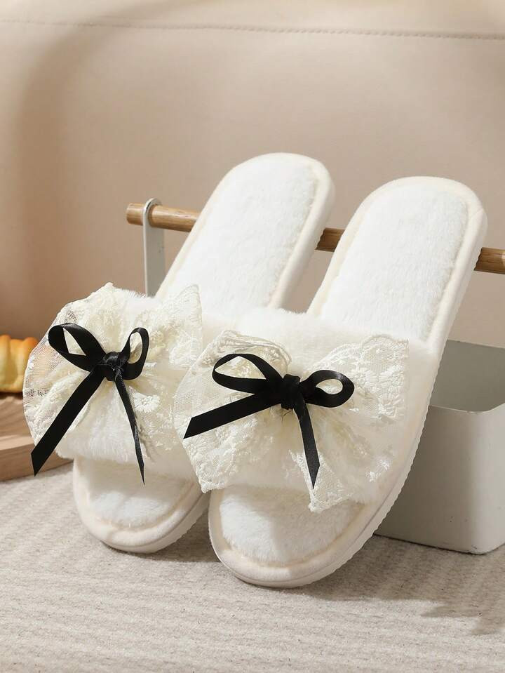 Spring/Autumn/Winter Plush Slippers For Women, Bowknot Accent, Teen Girl Style, Silent And Lightw... | SHEIN