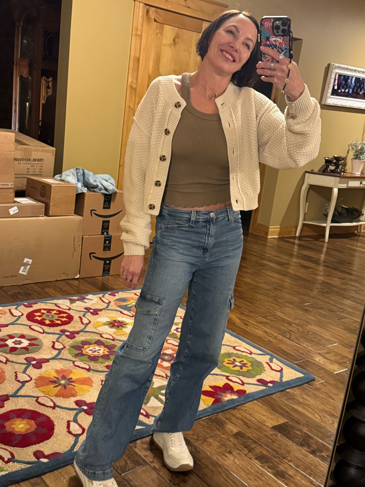 Fall outfit inspo. Denim is AG-size 25. 
Free People tank top- size small. Free People cropped cardigan - size small.Sneakers are Prada- size 7.5, & the chicken cutlets when you want to go bra-less! 

#LTKStyleTip #LTKSeasonal #LTKOver40
