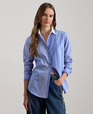 Women's Classic Fit Striped Collared Broadcloth Shirt | Macy's
