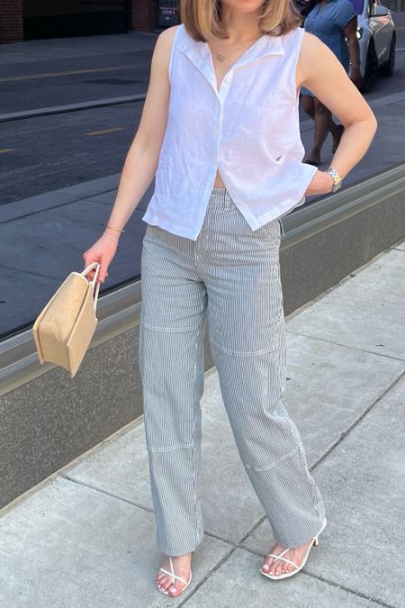 Brunch outfit of the day
Spring outfit idea
Weekend outfit idea
White linen top
Railroad stripes carpenter pant
White strappy heel
Raffia mini tote 

#LTKstyletip #LTKshoecrush #LTKfindsunder100