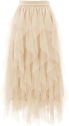 Tulle Skirts for Women A Line Fairy Tiered Skirt Midi Length High Elastic Waist Long Skirt | Amazon (US)