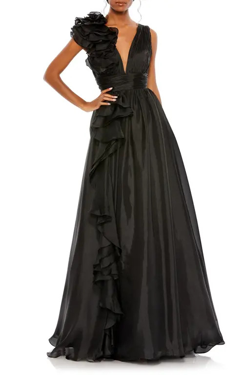 Mac Duggal Ruffle Detail Ruched Chiffon Ballgown in Black at Nordstrom, Size 0 | Nordstrom