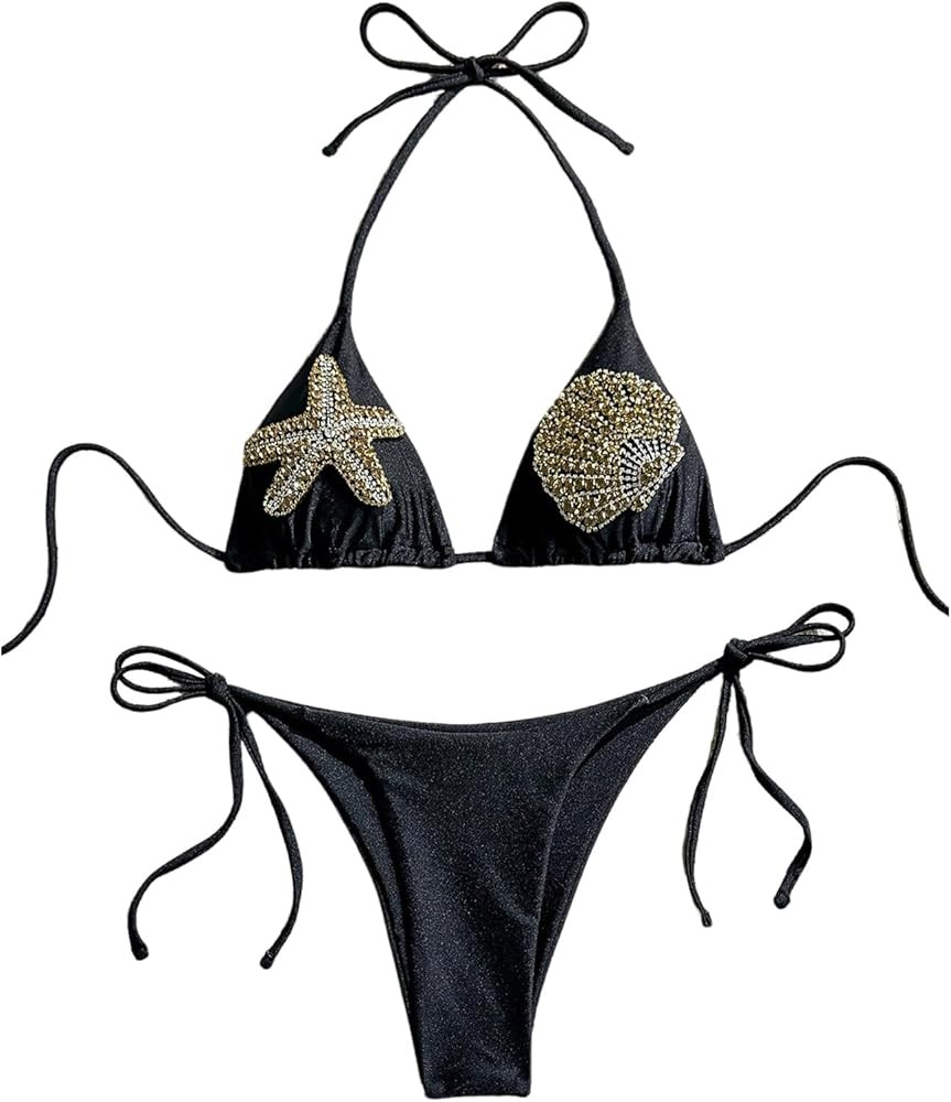 Verdusa Women's 2 Piece Halter Bikini Set Triangle Bikinis Boho Seashell Tie Backless Swimsuit Va... | Amazon (US)