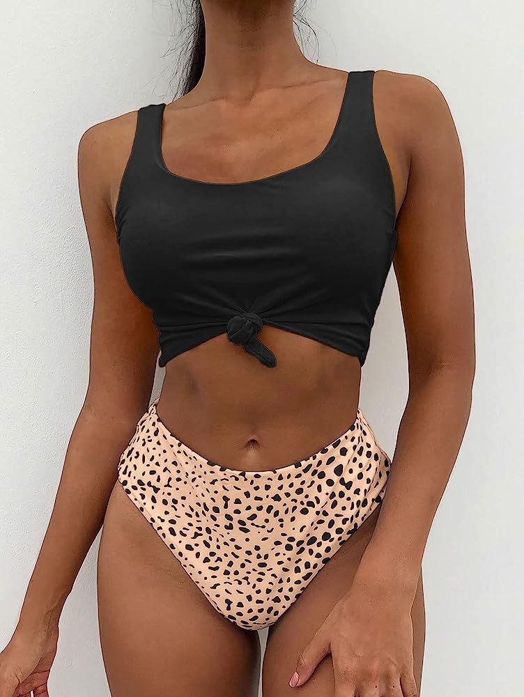 ZAFUL Women's Animal Print Knotted Tankini Set High Waisted Scoop Collar Padded Tankini Swimsuit | Amazon (US)