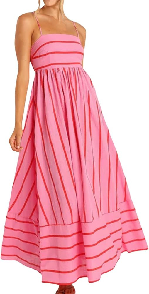 Women's Striped Back Smocked Maxi Dress Sexy Spaghetti Strap Cut Out Flowy Swing Long Dress Strip... | Amazon (US)
