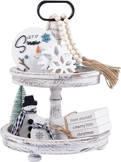 Houmury Set of 10 Christmas Winter Farmhouse Tiered Tray Decor with 1 Book Stack for Rustic Home ... | Amazon (US)