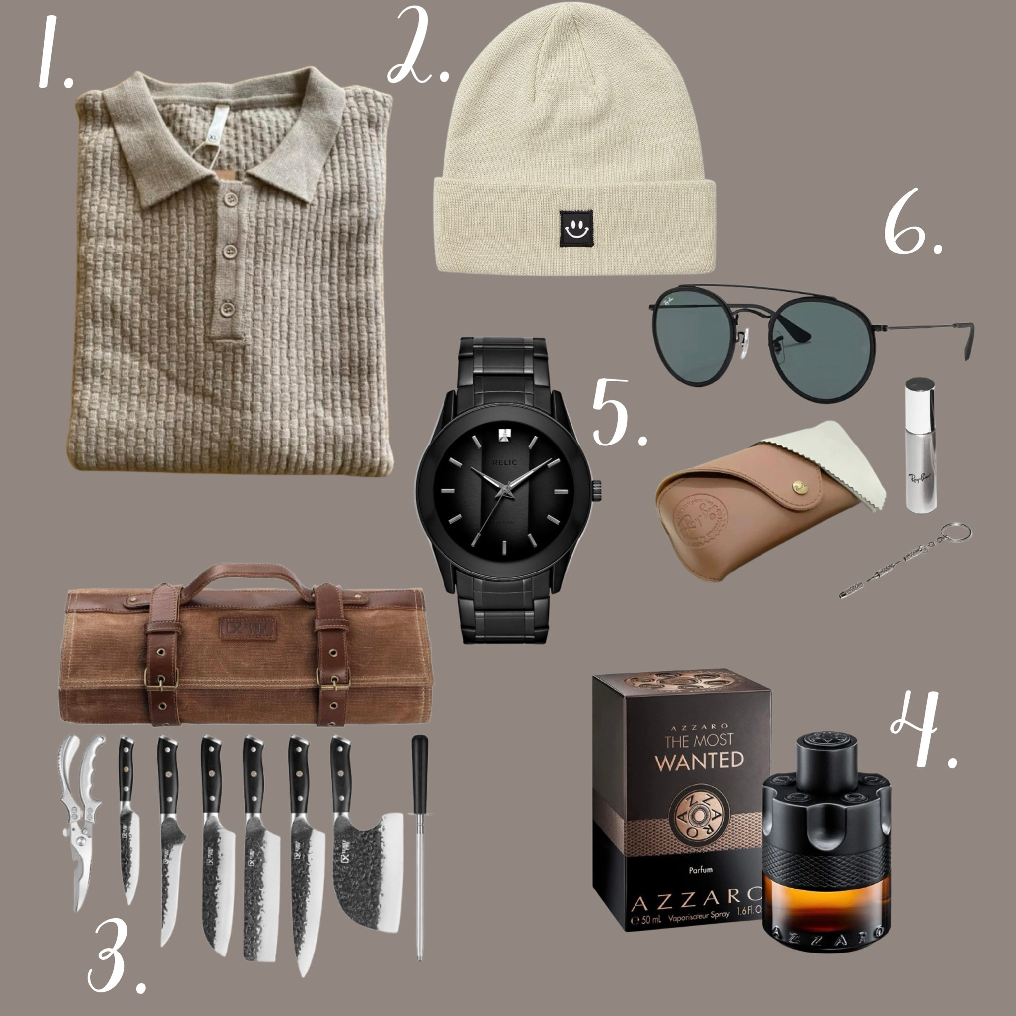Gifts for him! 👇🏼👇🏼👇🏼
1. Sailwind men’s khaki sweater knit polo - $32.99 - 4.5 ⭐️
2. Max Nova knit beanie - On sale: $9.32 - 4.7 ⭐️
3. Hand forged knife set - $169.99 - 4.7 ⭐️
4. Azzaro most wanted cologne - $105 - 4.6 ⭐️
5. Black relic fossil watch - On sale $68 - 4.5 ⭐️
6. Ray Ban sunglasses kit - $201 - 4.5 ⭐️





#giftsforhim #gift #men #clothes #kitchen #beauty #glasses #summer #holiday #birthday 

#LTKFindsUnder100 #LTKGiftGuide #LTKMens