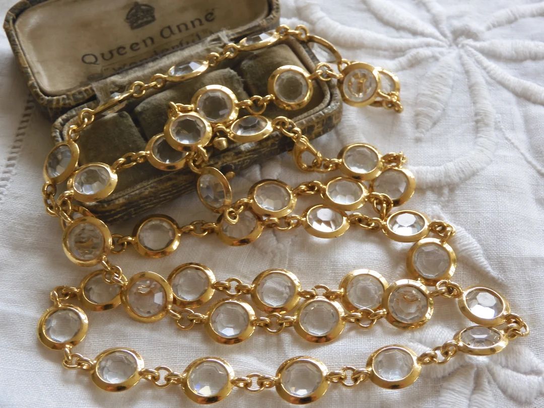 Fabulous Dazzling Vintage 1970s 18ct Gold Plated Clear Austrian Swarovski Crystal Bezel SET Chain... | Etsy (US)