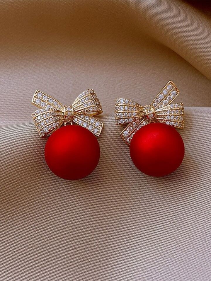 Butterfly Bow With Beaded & Rhinestone Stud Earrings, Christmas Fashion Women's Earrings | SHEIN