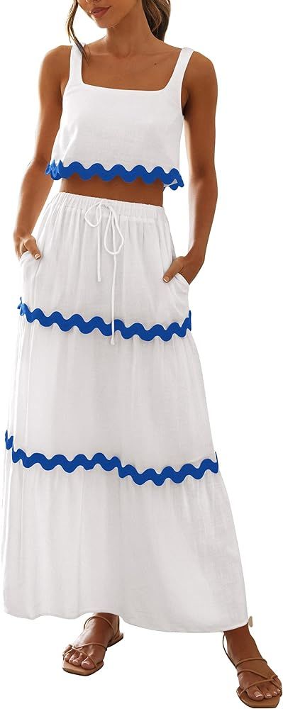 PRETTYGARDEN Women's Summer 2 Piece Beach Outfit Casual Sleeveless Cropped Tank Top High Waisted ... | Amazon (US)