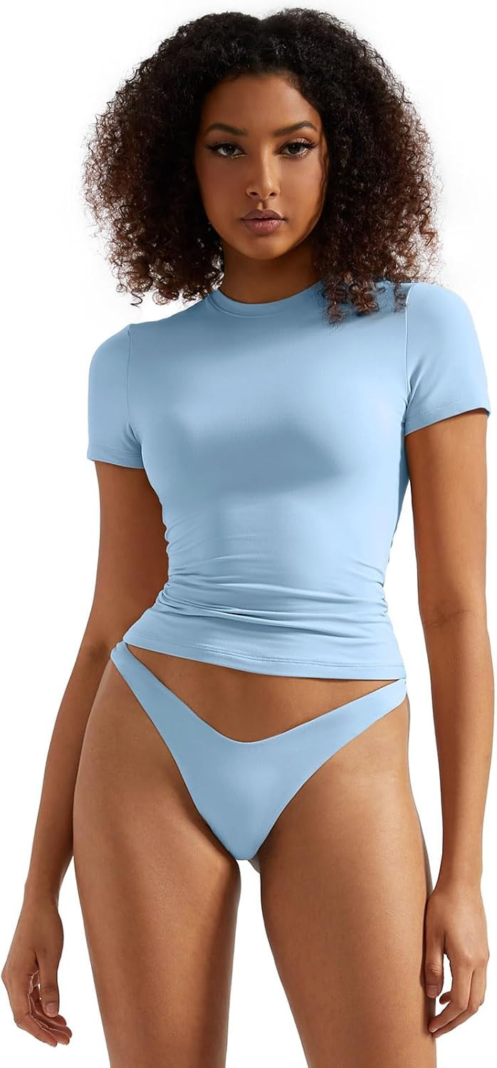 SUUKSESS Women Double Lined Fitted Basic Tee Crew Neck Short Sleeve Y2K Crop Top | Amazon (US)