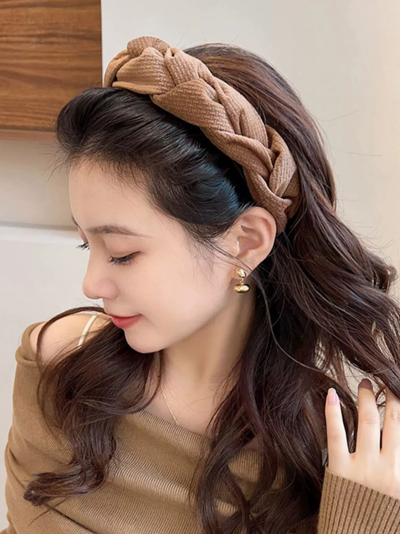 1pc Women's Coffee Color Fall/winter Twisted Knot Headband For High Hair Bun, Elastic Velvet Hair... | SHEIN