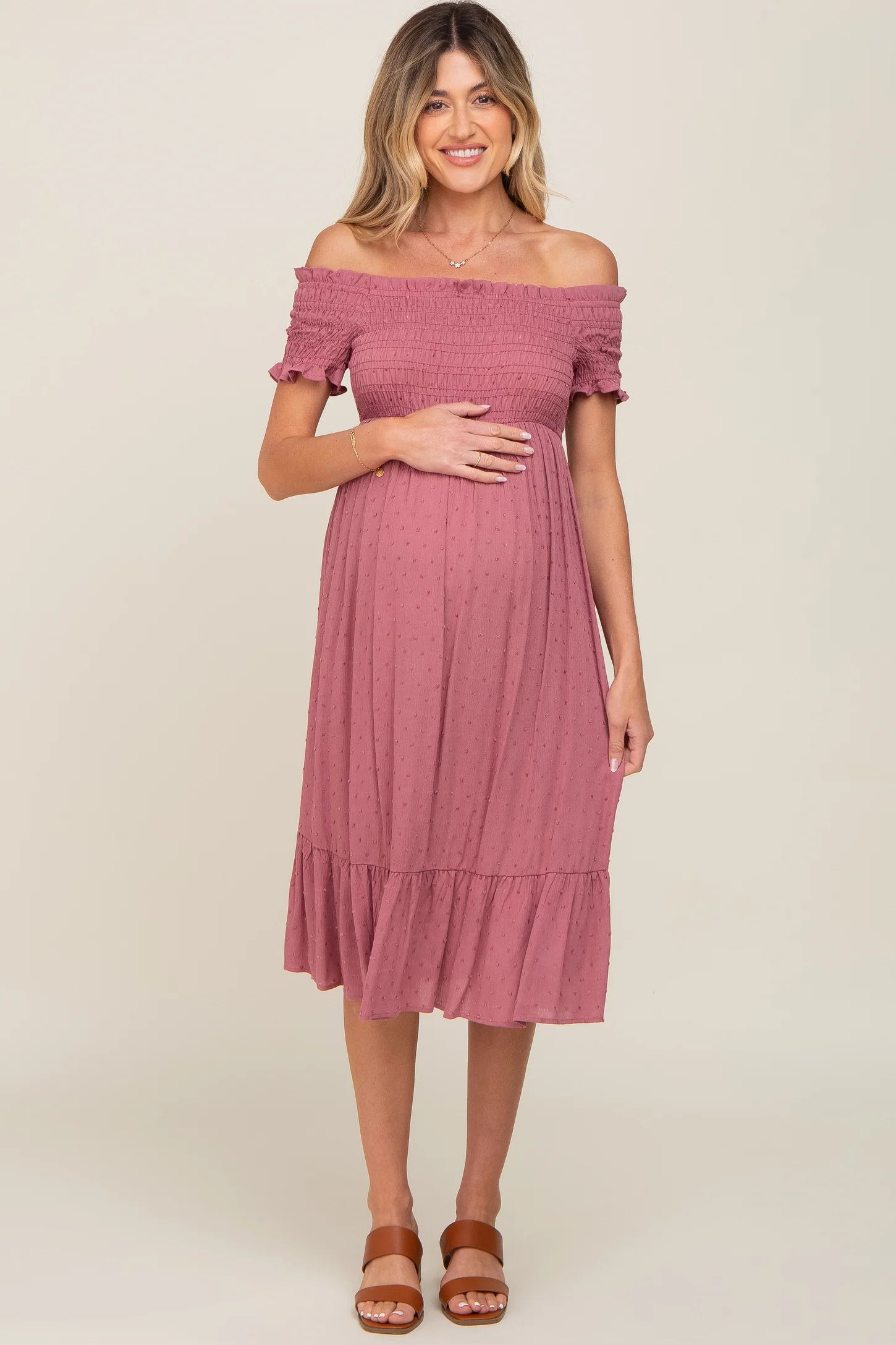 Mauve Off Shoulder Smocked Maternity Midi Dress | PinkBlush Maternity