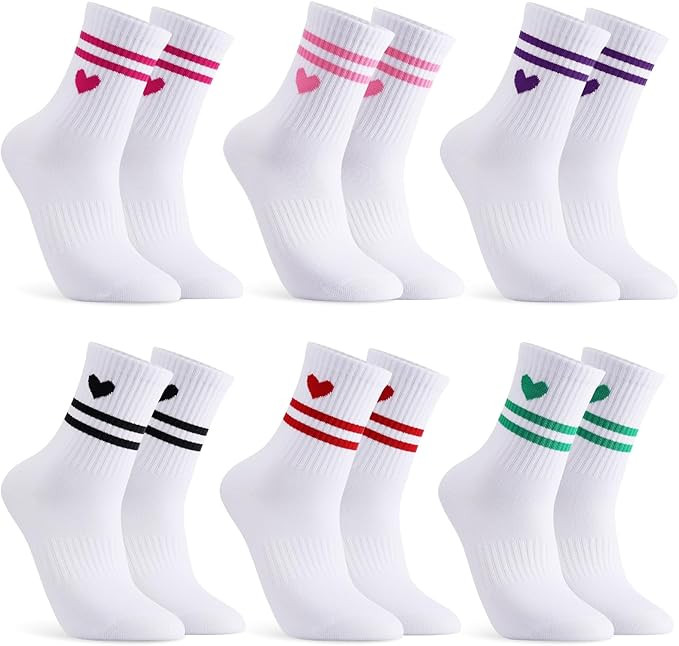 Jspupifip Heart Socks 6 Pairs Crew Athletic Cotton Women Striped Socks with Retro Stripes Hearts | Amazon (US)