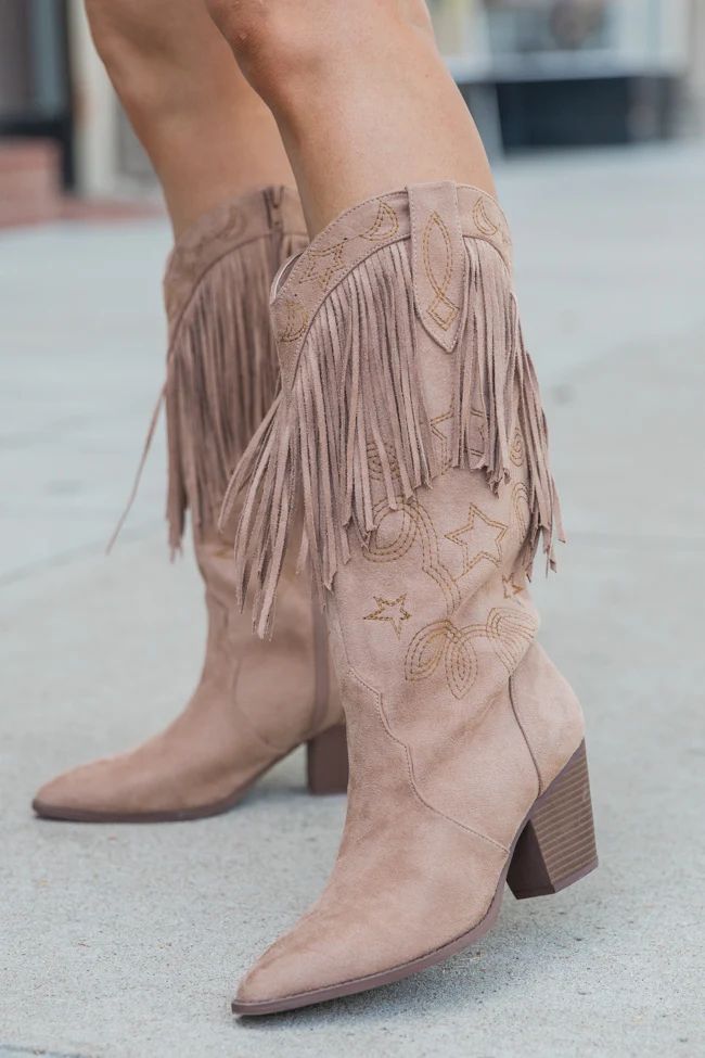 Fancy Suede Warm Taupe Fringe and Stars Boots SALE | Pink Lily