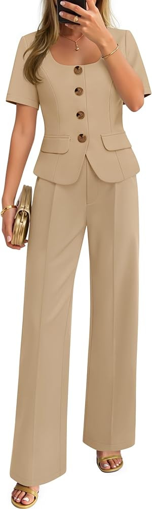 ZESICA Women's Summer Two Pieces Suits Set 2026 Short Sleeve Blazer Wide Leg Pants Business Casua... | Amazon (US)