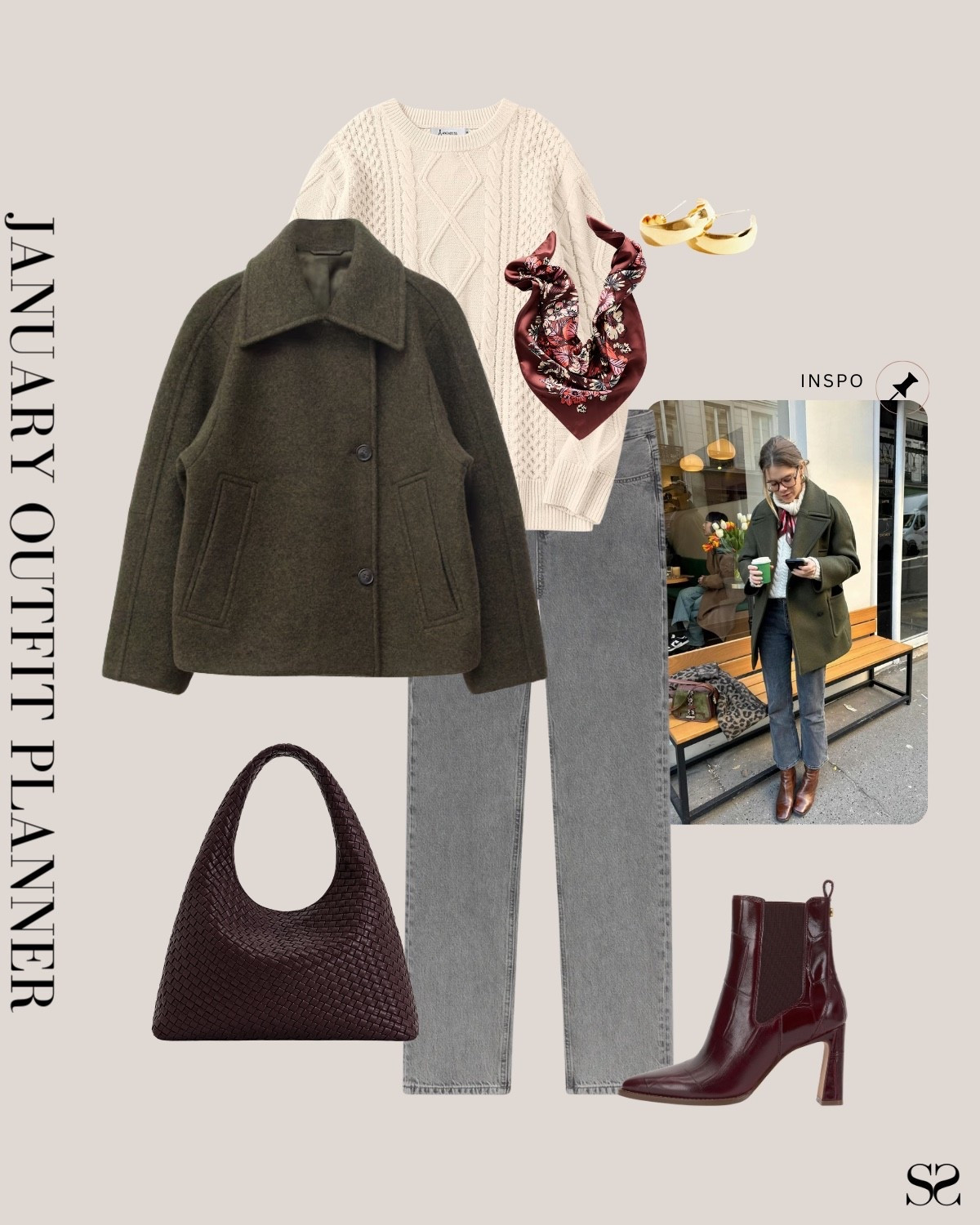 Monthly outfit planner JANUARY: Winter outfits | olive peacoat, cable know sweater, gray jean, burgundy ankle boots, woven leather tote

#classicstyle #LTKstyletip #winteroutfit #casualchic 

Image inspo credit: Pinterest 

#LTKSeasonal #LTKgrwm #LTKootd