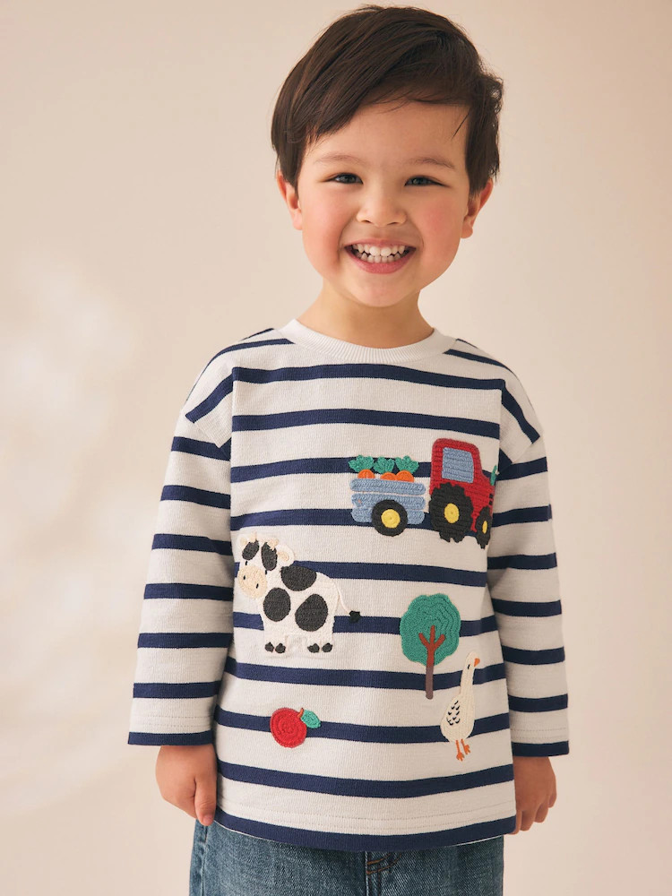 Cream/Navy Stripe Farm Embroidery Long Sleeve Appliqu\u00e9 T-Shirt (3mths-7yrs) | Next US